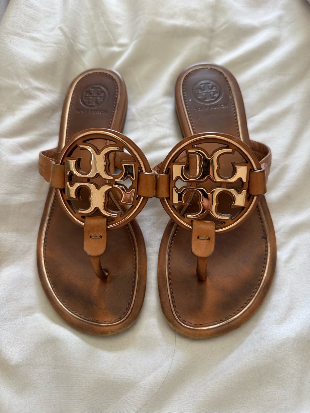 Tory Burch Cognac Leather Cutout Logo Sandals